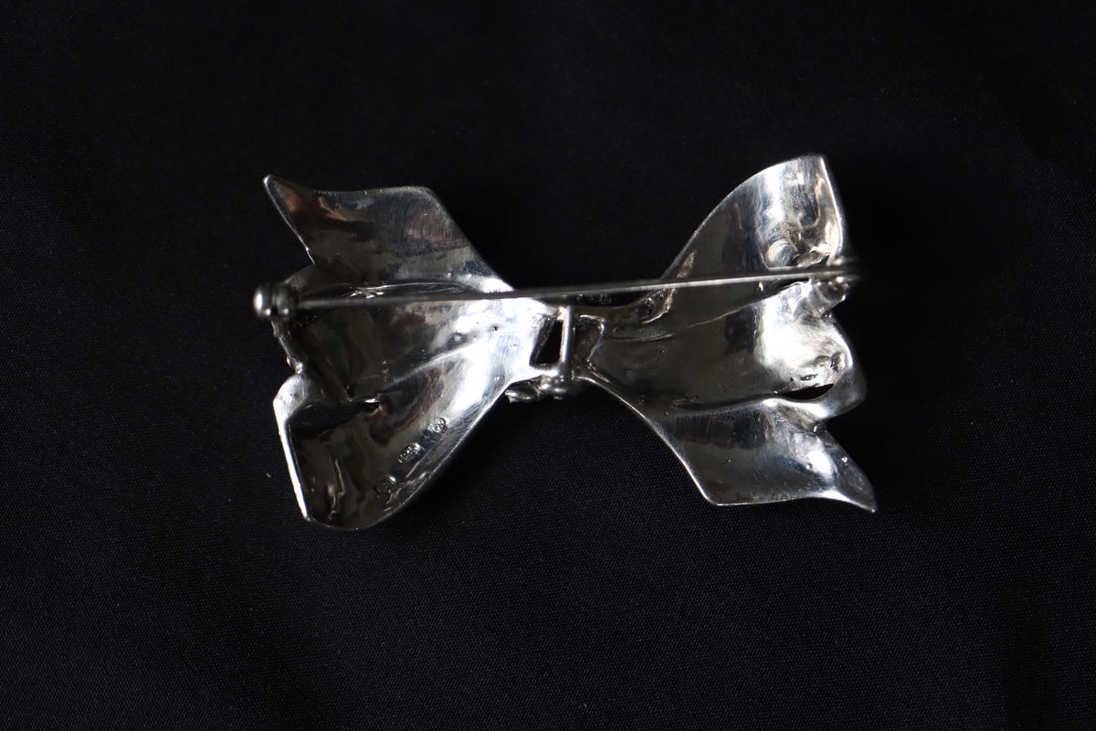 ANTIQUE European Art Deco 835 Silver Pavé Marcasite Bow Ribbon Statement Brooch