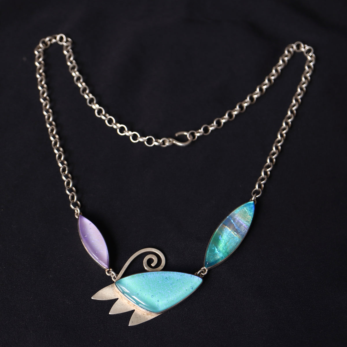 CONTEMPORARY Artisan Modernist Sterling Silver Dichroic Art Glass Statement Necklace