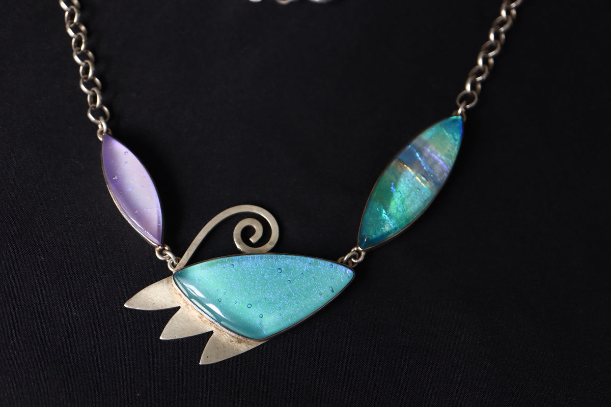 CONTEMPORARY Artisan Modernist Sterling Silver Dichroic Art Glass Statement Necklace