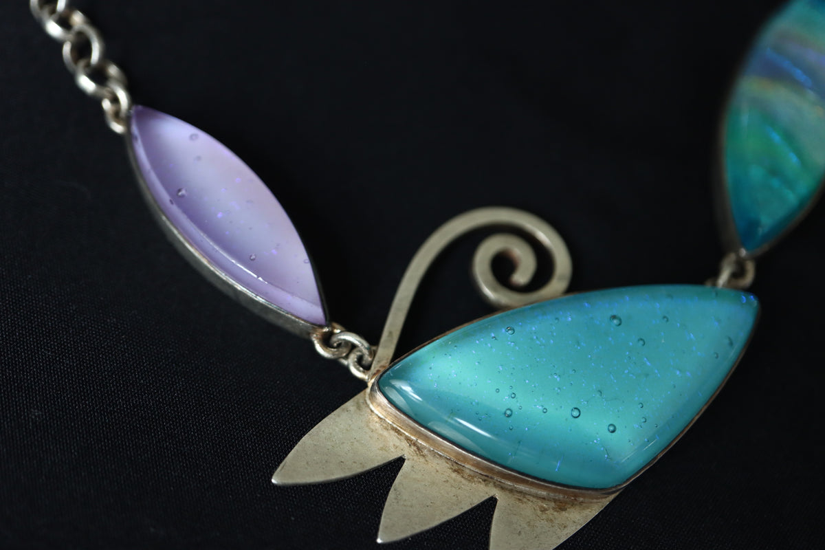 CONTEMPORARY Artisan Modernist Sterling Silver Dichroic Art Glass Statement Necklace