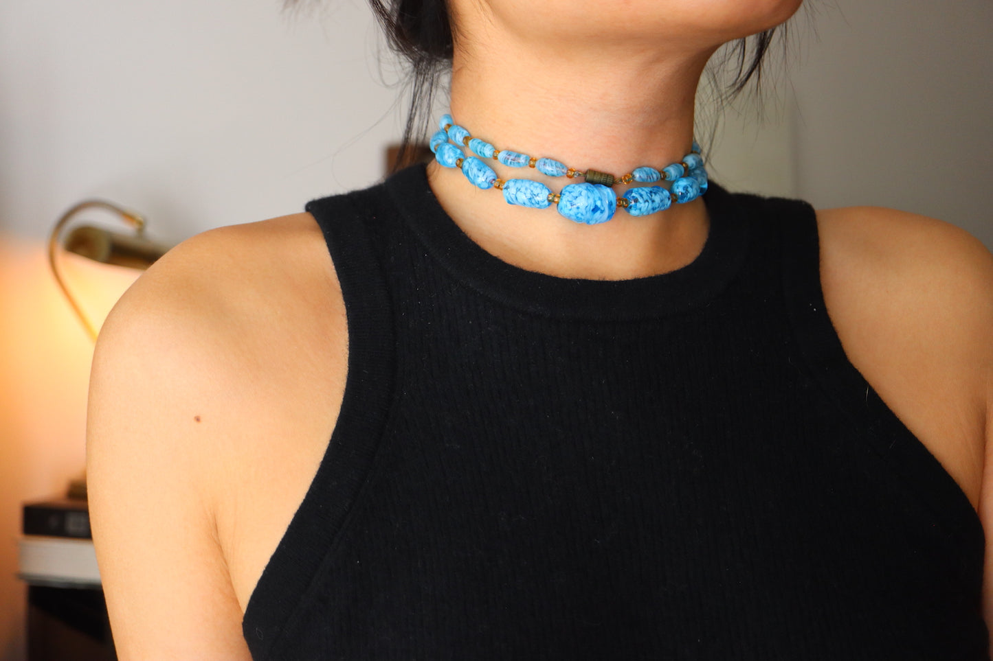 Vintage Murano handcrafted blue and white Lampwork glass bead necklace