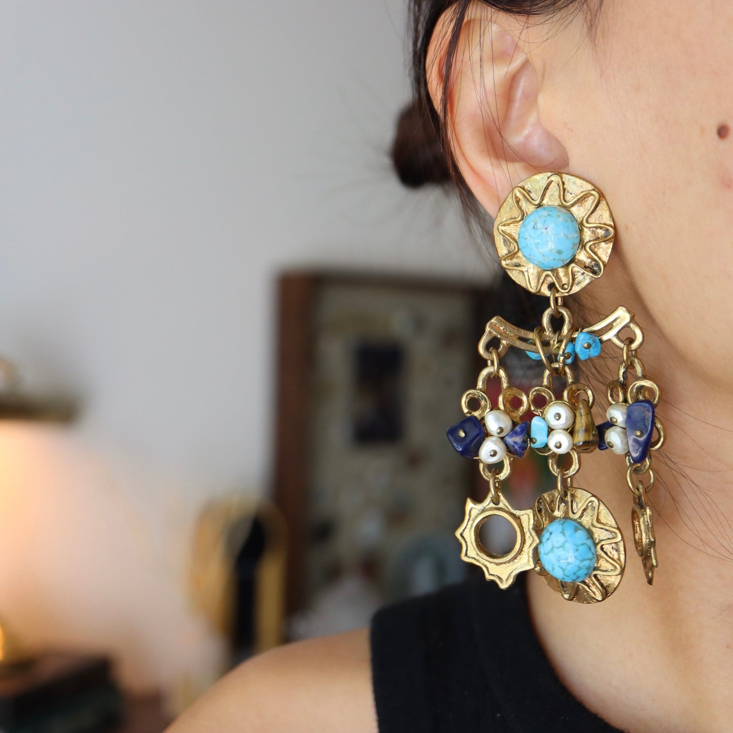 Vintage oversized Blue Glass cabochon tassels beading earrings