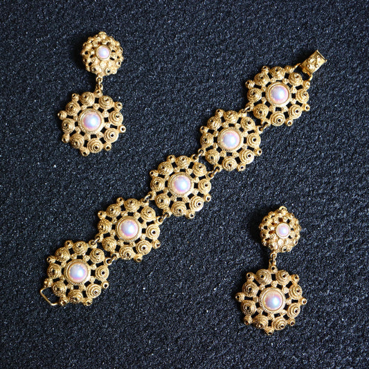 Vintage Rochas faux Pearl gold tone flower long earrings bracelet set