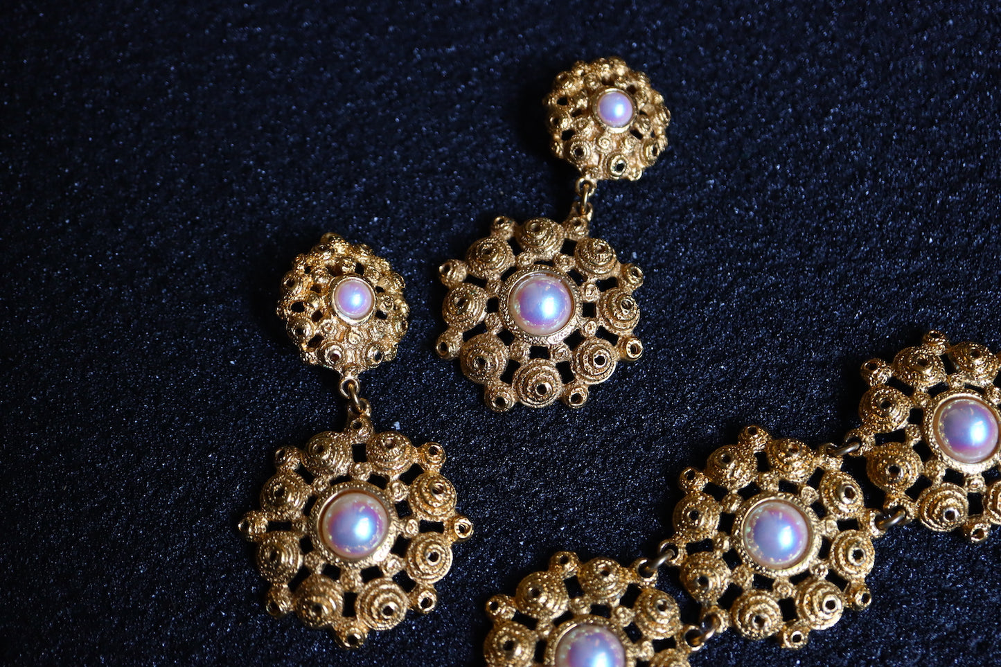 Vintage Rochas faux Pearl gold tone flower long earrings bracelet set