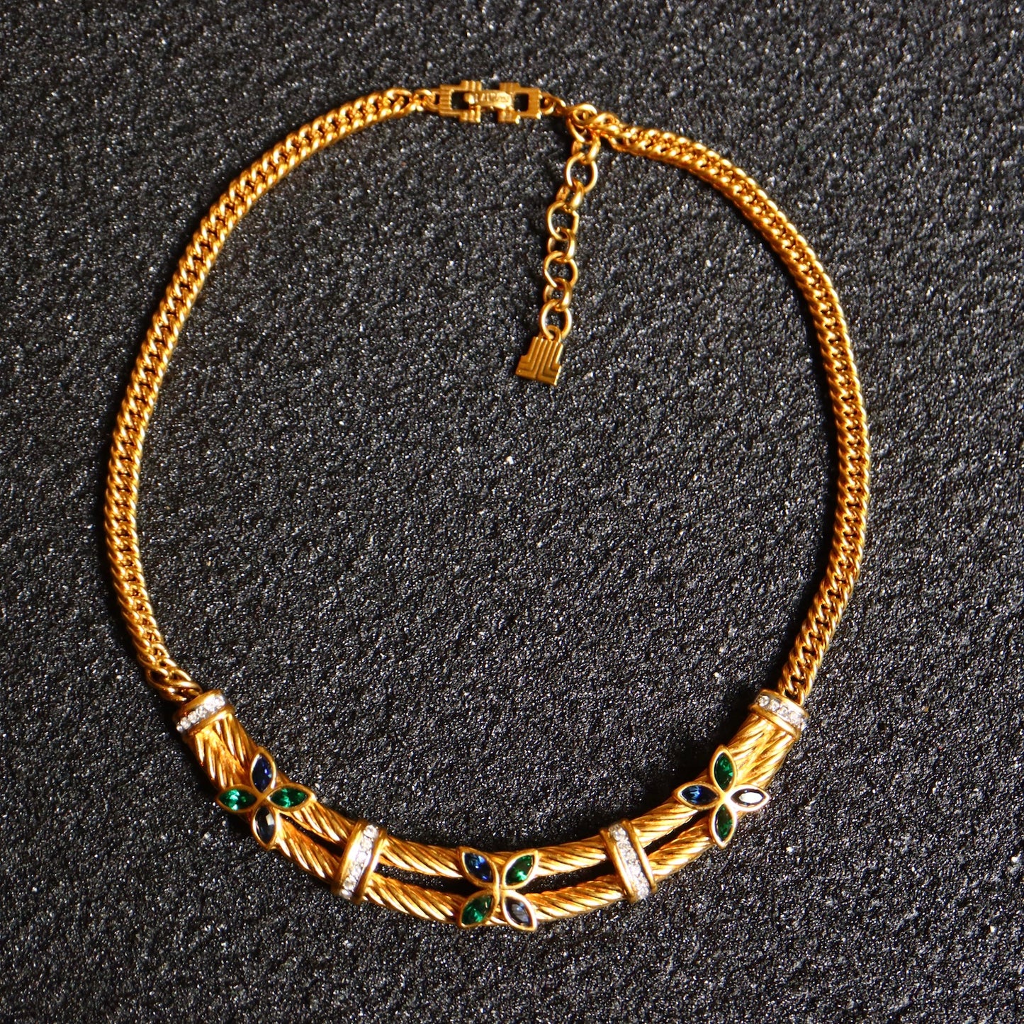 Vintage Lanvin blue green clover rope collar gold tone necklace