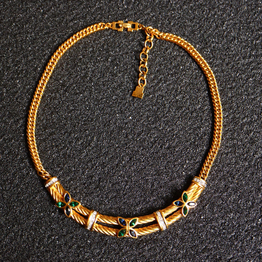 Vintage Lanvin blue green clover rope collar gold tone necklace