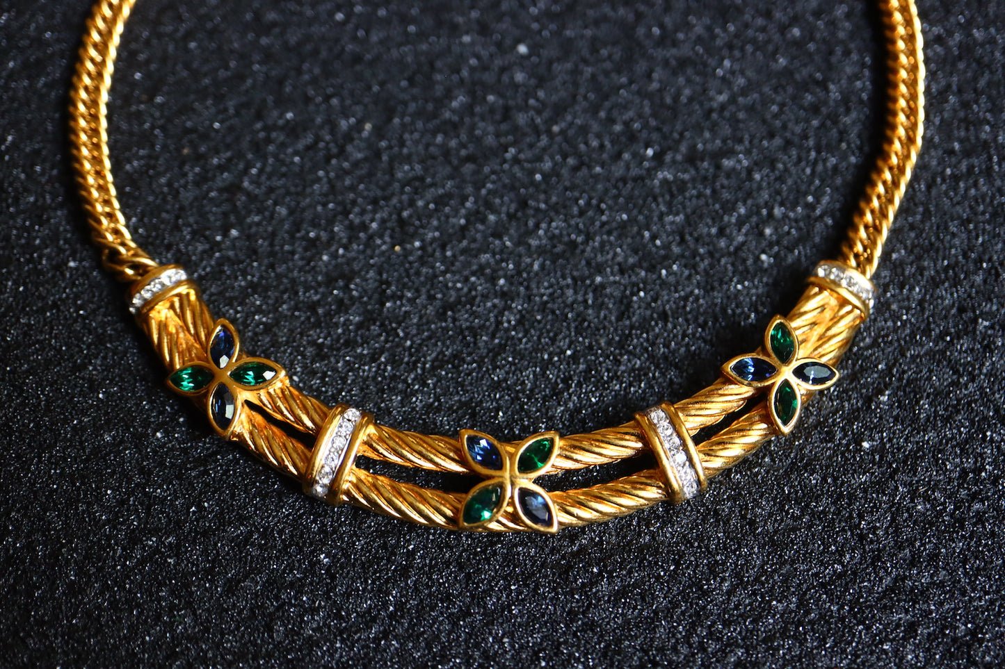 Vintage Lanvin blue green clover rope collar gold tone necklace