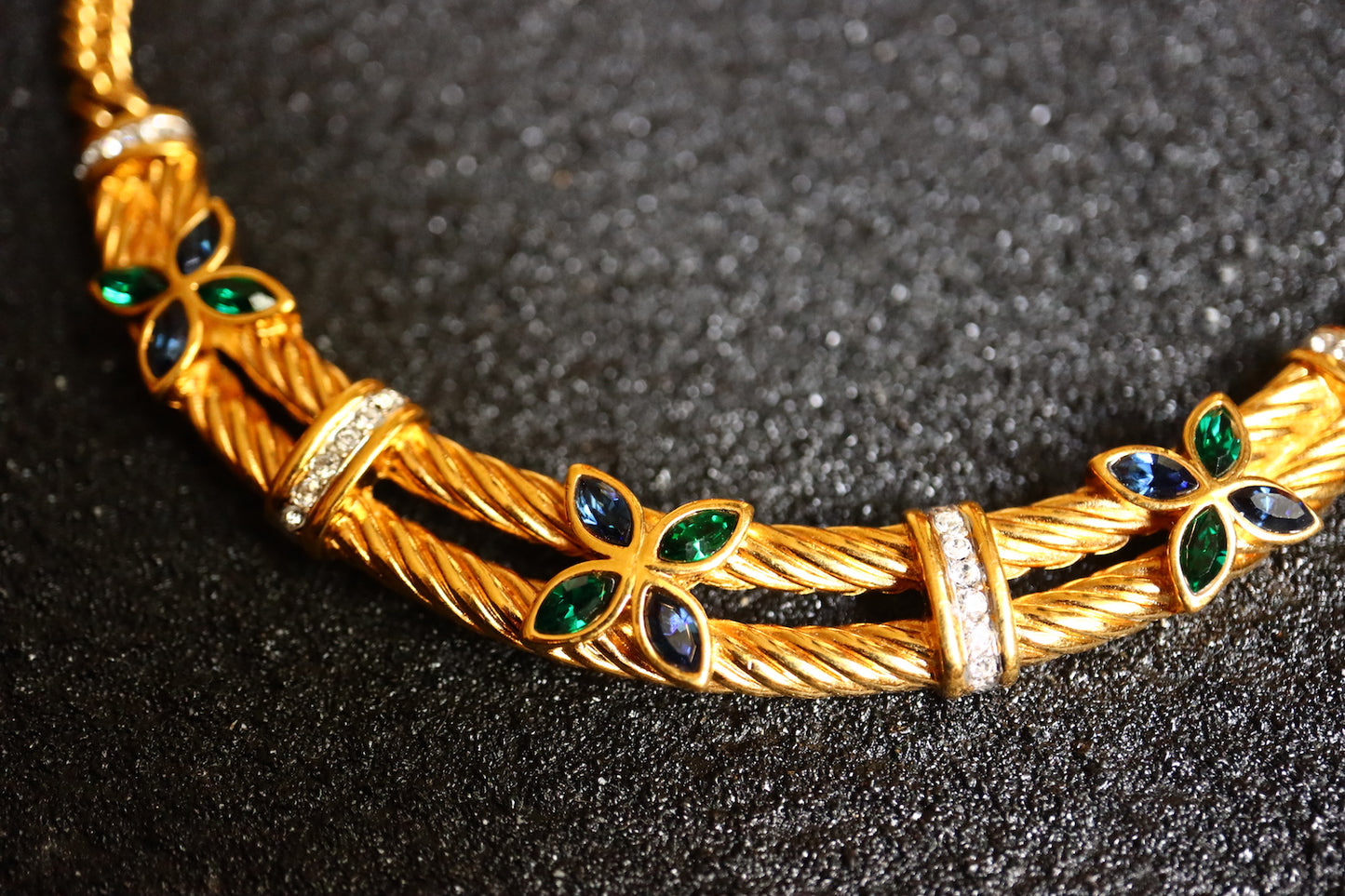 Vintage Lanvin blue green clover rope collar gold tone necklace