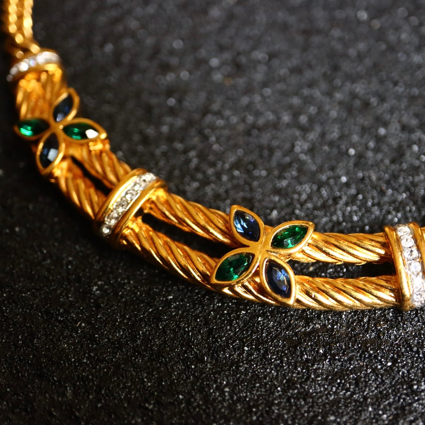 Vintage Lanvin blue green clover rope collar gold tone necklace
