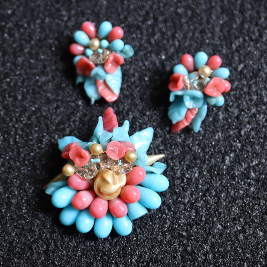 Vintage Louis Rousselet hand-crafted Glass blue and pink bouquet brooch earrings set