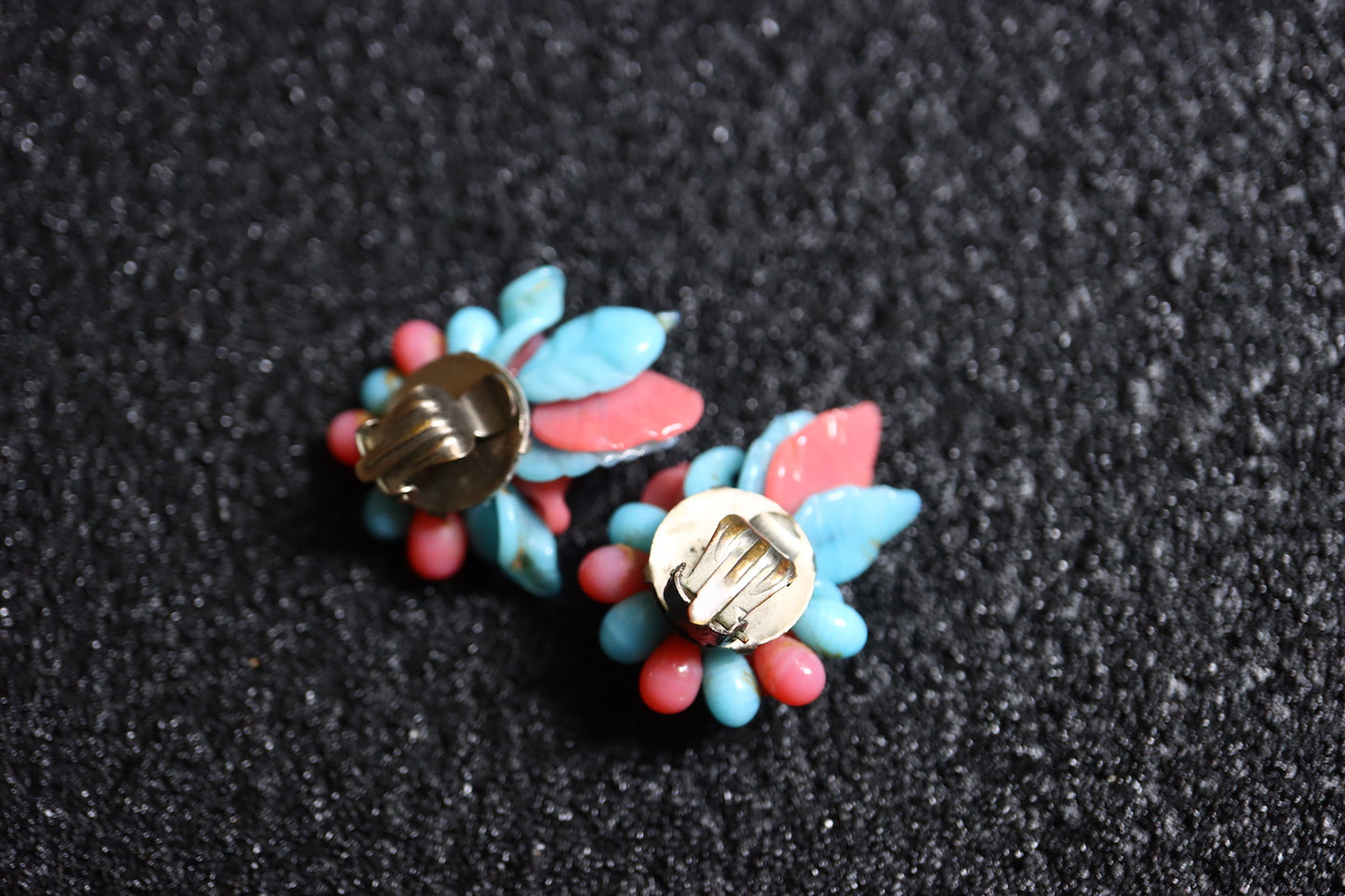 Vintage Louis Rousselet hand-crafted Glass blue and pink bouquet brooch earrings set
