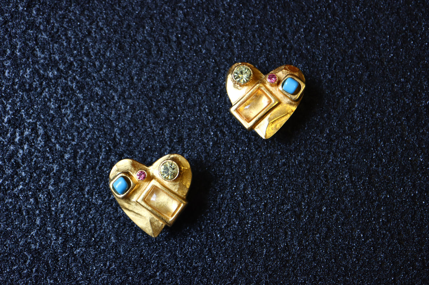 Vintage Christian Lacroix colourful lego gold-tone heart clip-on earrings