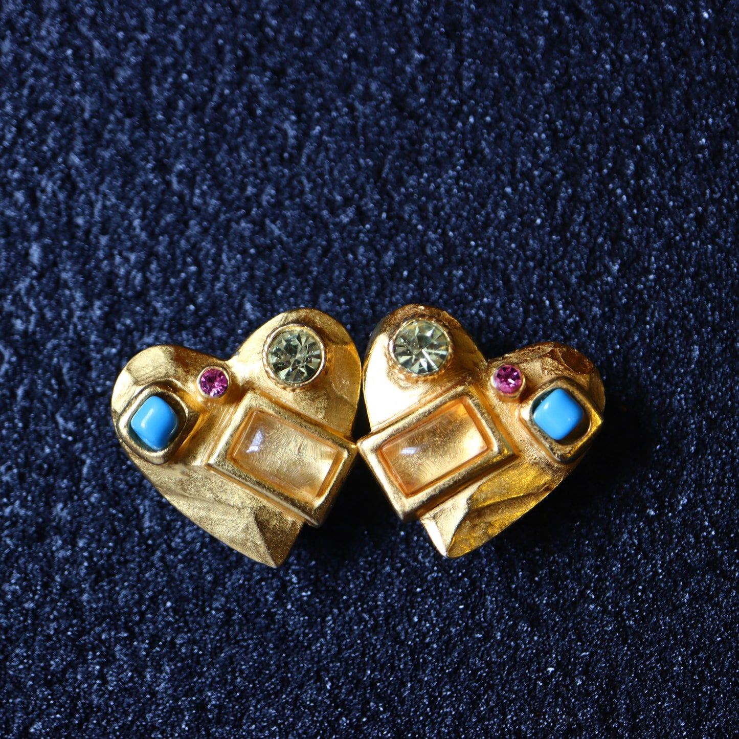 Vintage Christian Lacroix colourful lego gold-tone heart clip-on earrings
