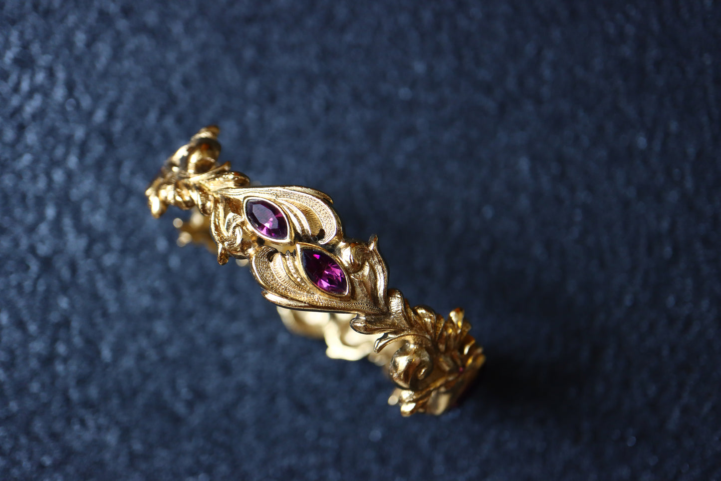 Vintage Jean Louis Scherrer purple rhinestone gold tone carving cuff bangle