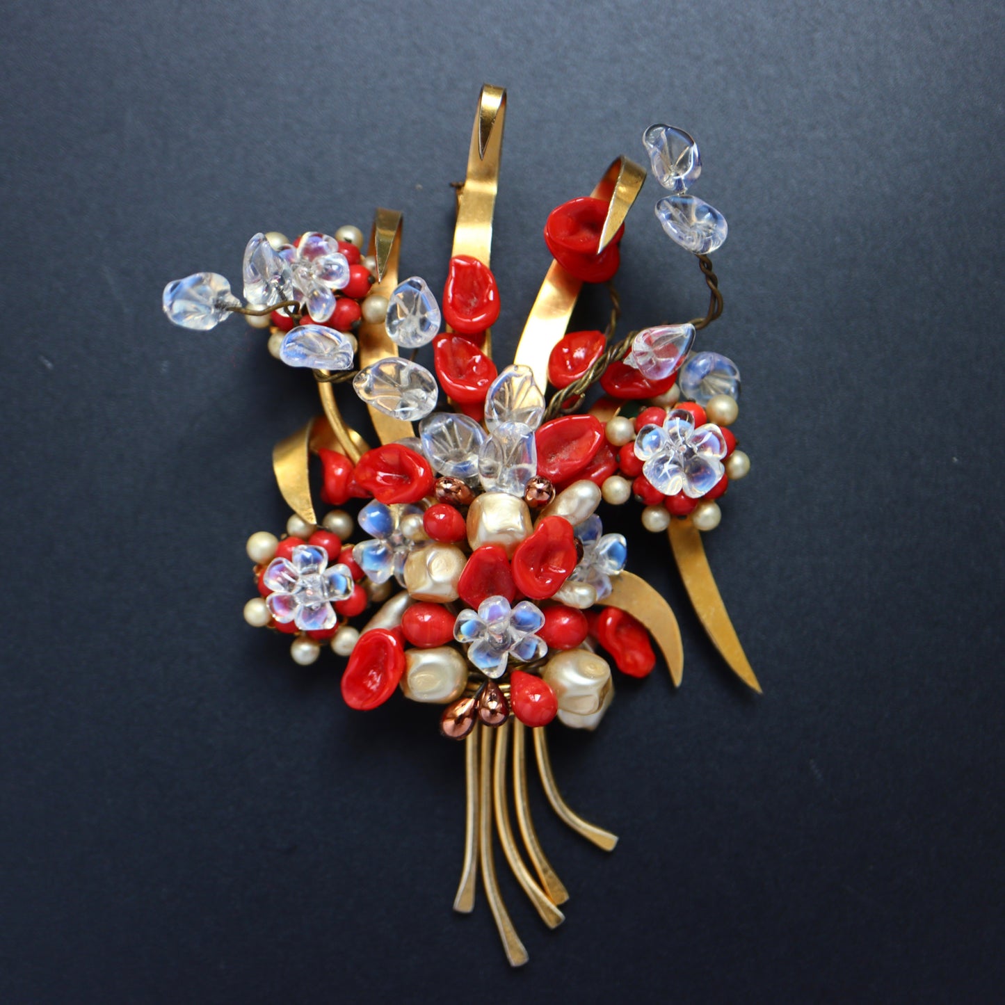 Vintage Louis Rousselet hand-crafted Glass Burgundy red bouquet brooch