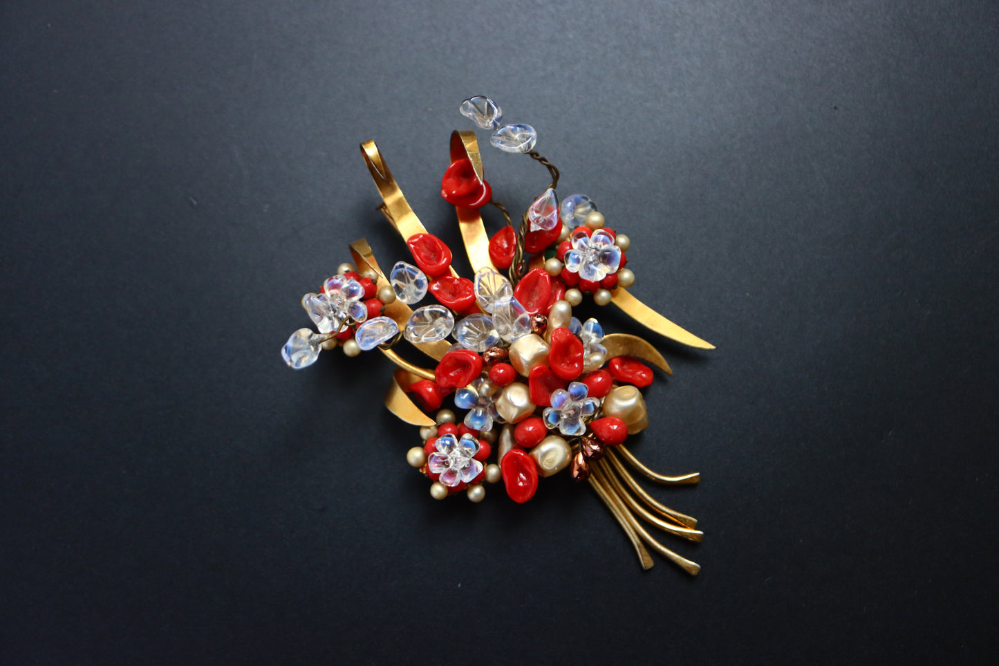 Vintage Louis Rousselet hand-crafted Glass Burgundy red bouquet brooch