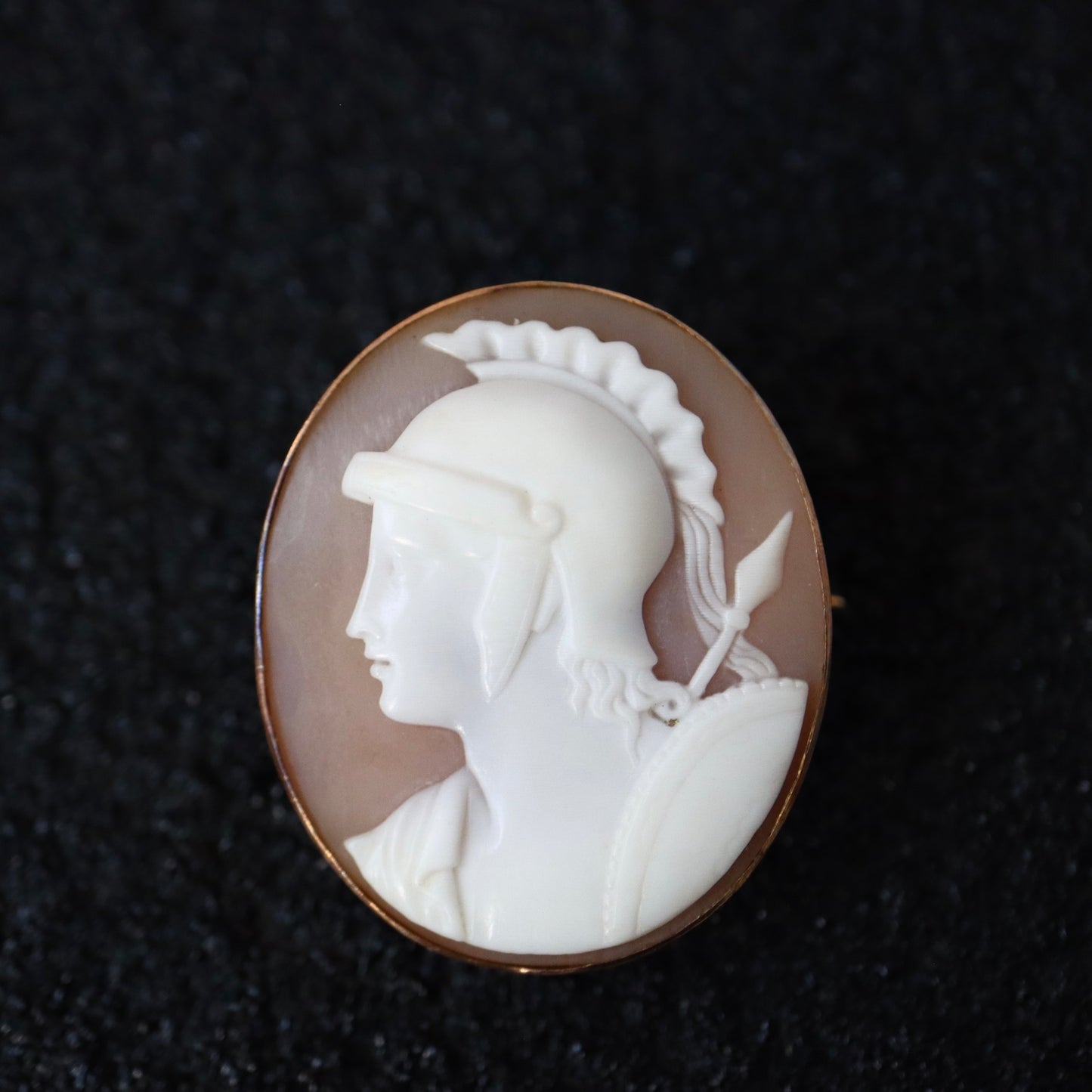 Antique 9K gold Greek goddess Athena hand carved shell Cameo Brooch