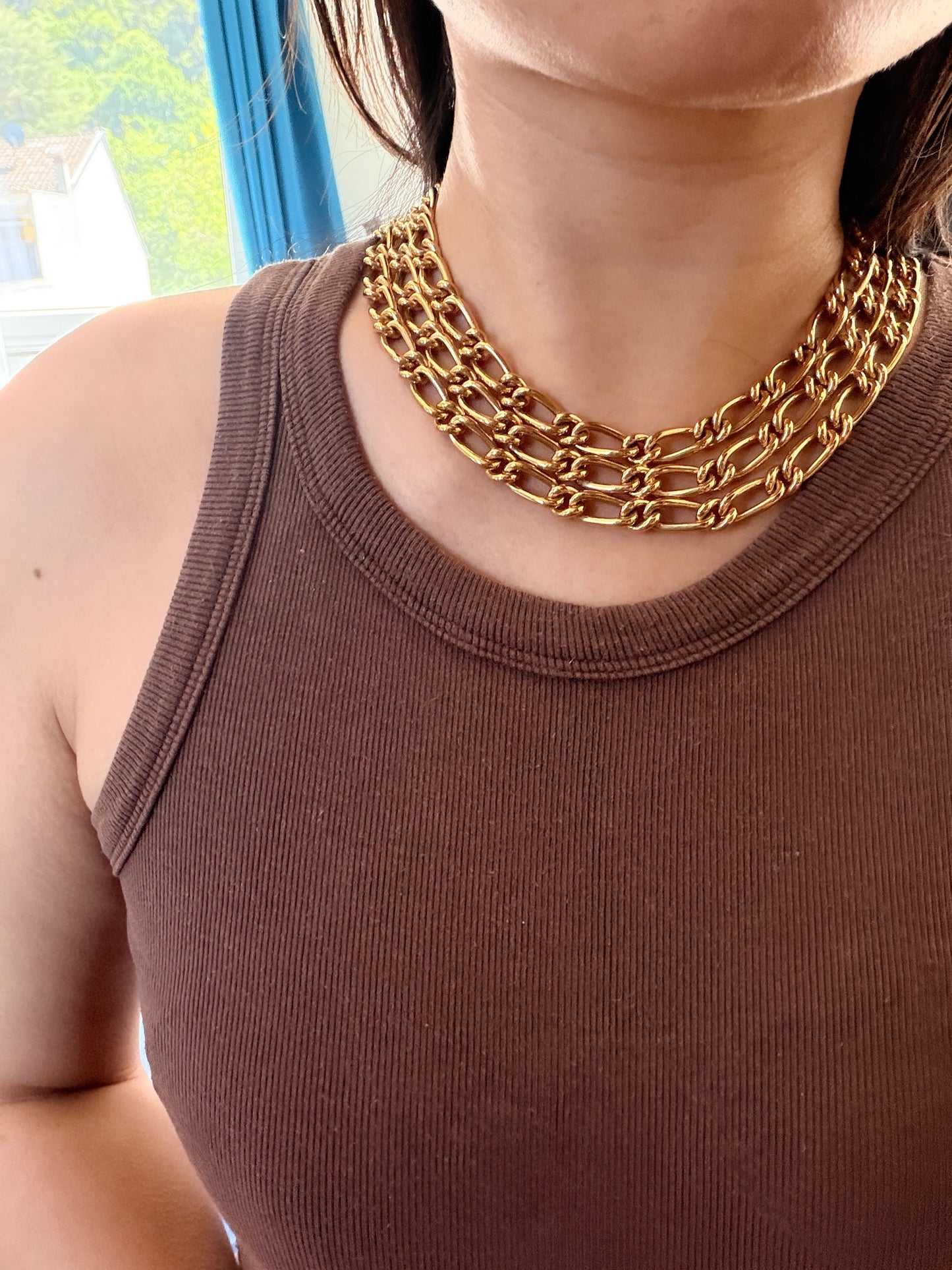 VINTAGE Carven Paris Gold-Tone Triple-Strand Chunky Chain Collar Necklace