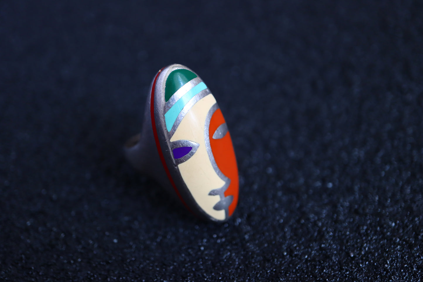 Vintage Tiziana Q Martino Italian 925 silver Picasso style mask enamel ring pendant set