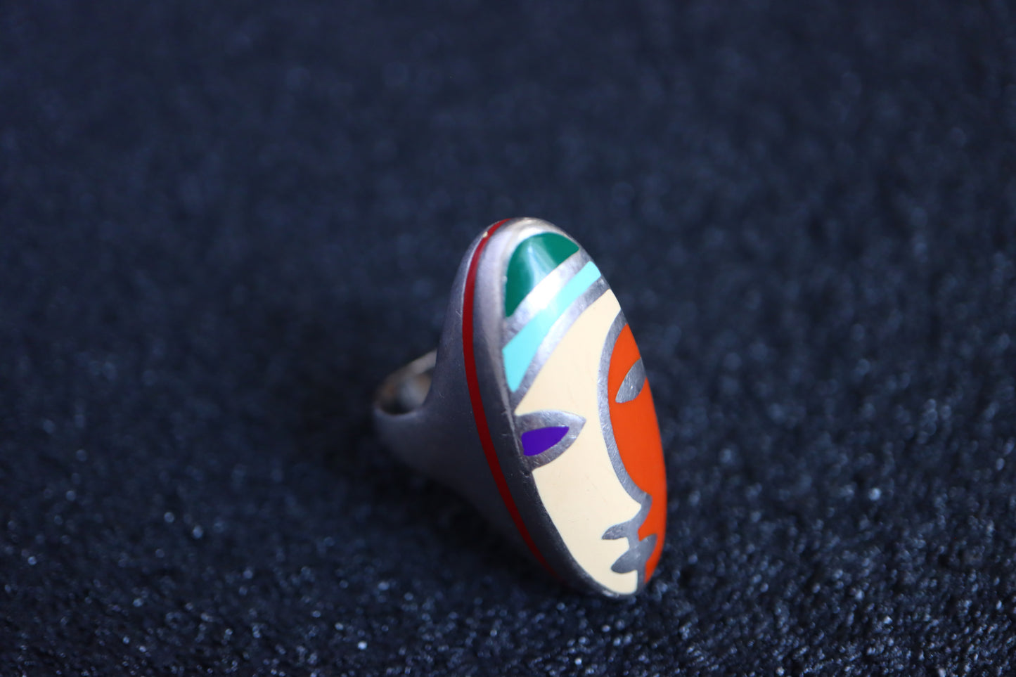 Vintage Tiziana Q Martino Italian 925 silver Picasso style mask enamel ring pendant set