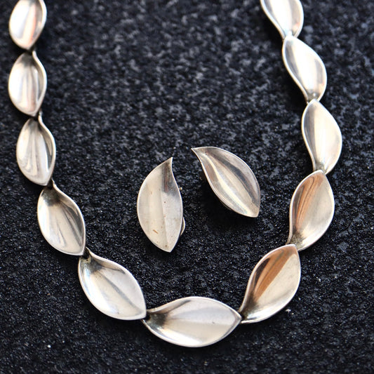 Vintage A&K Danmark Sterling Minimalism leaves earrings necklace Set