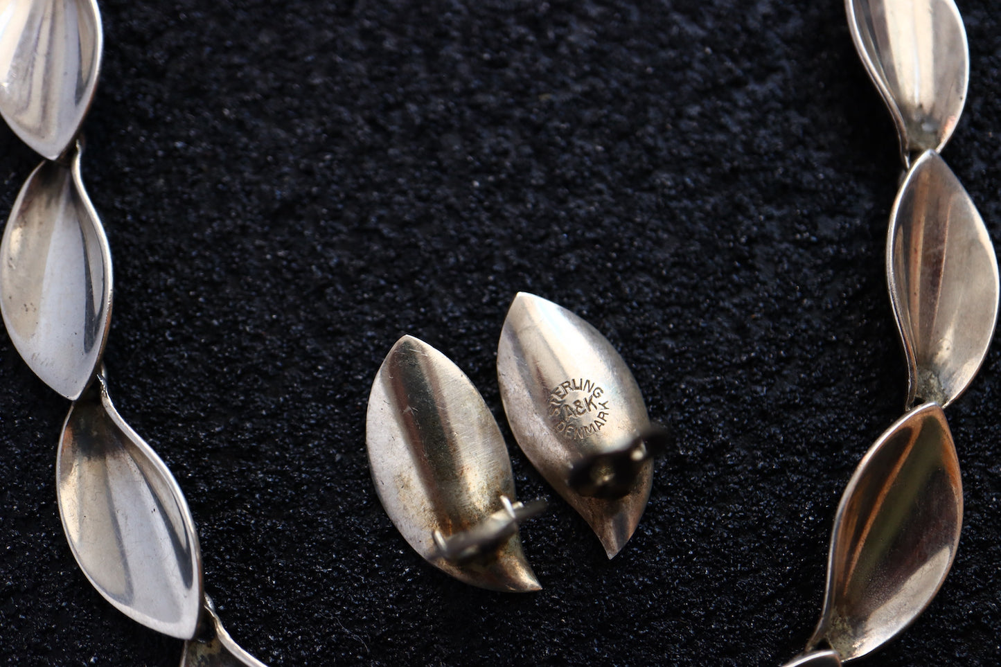 Vintage A&K Danmark Sterling Minimalism leaves earrings necklace Set