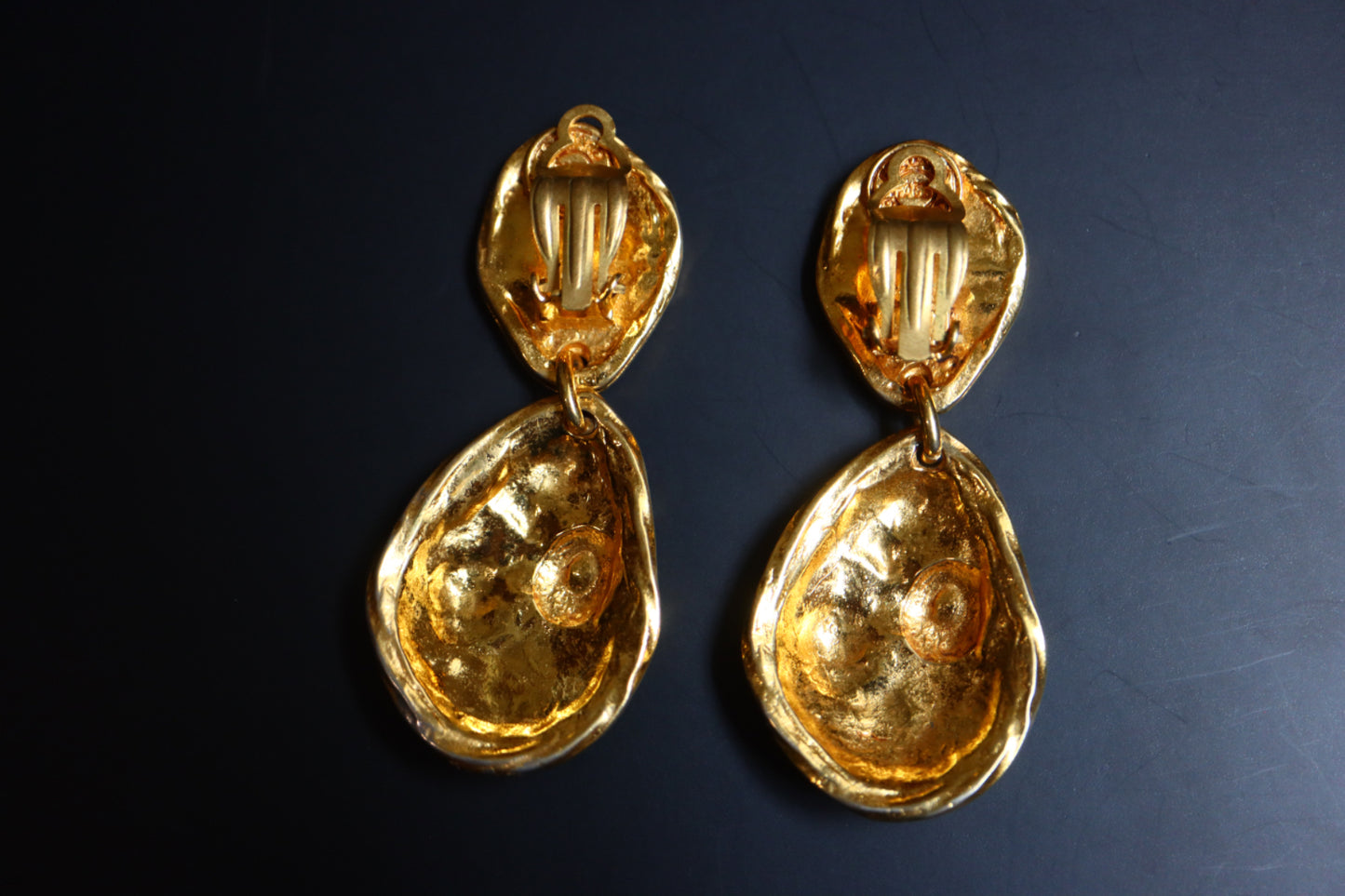 Vintage Edouard Rambaud asymmetric gold tone drop clip on earrings