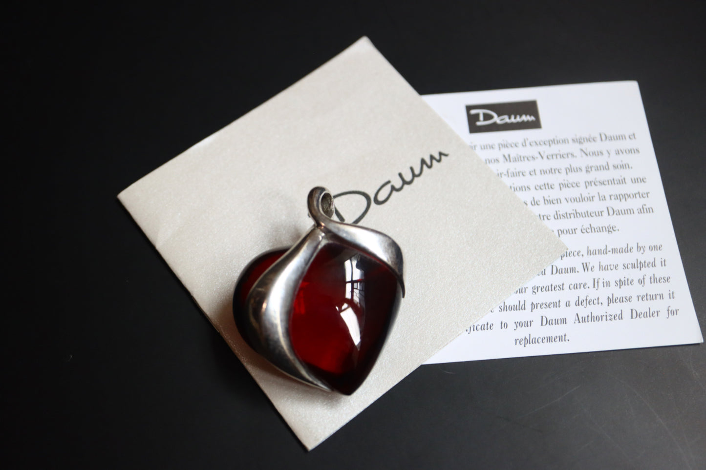 Vintage Daum Crystal red heart 925 silver ribbon pendant