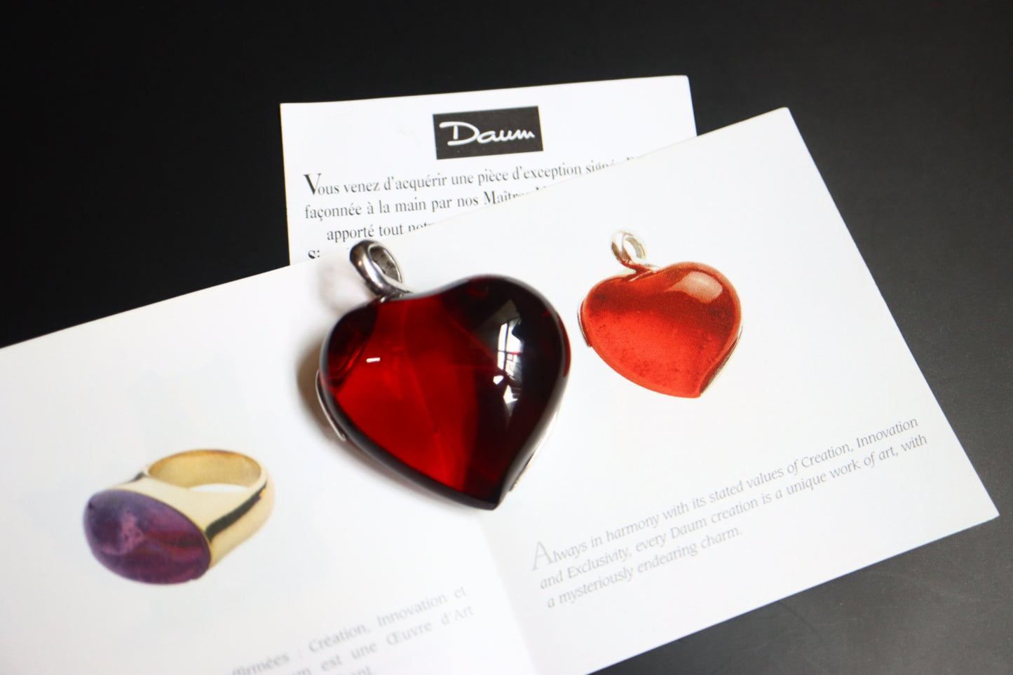 Vintage Daum Crystal red heart 925 silver ribbon pendant