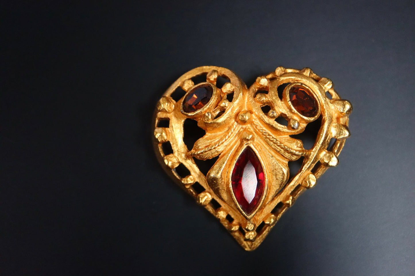 Vintage Christian Lacroix heart rhinestone gold tone brooch