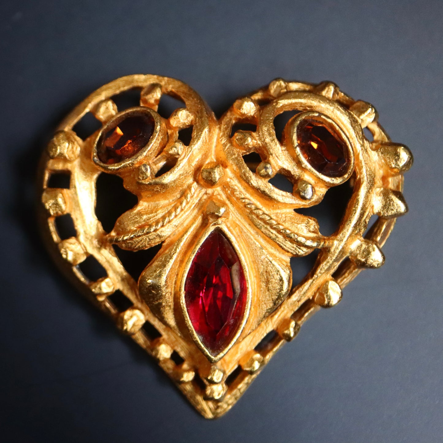 Vintage Christian Lacroix heart rhinestone gold tone brooch