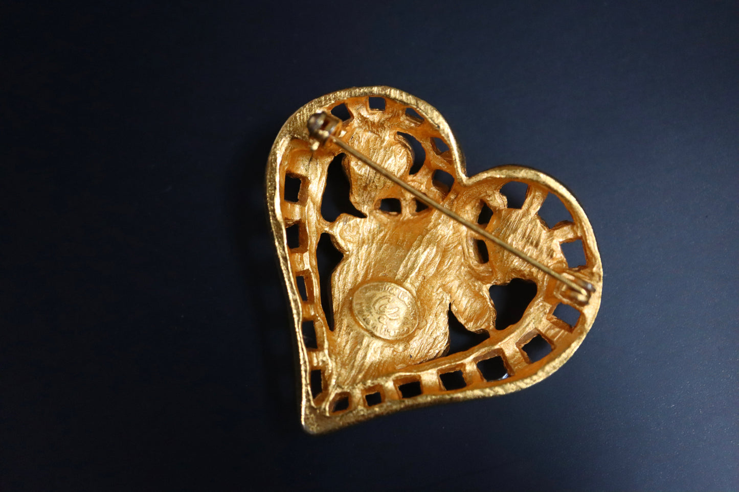 Vintage Christian Lacroix heart rhinestone gold tone brooch