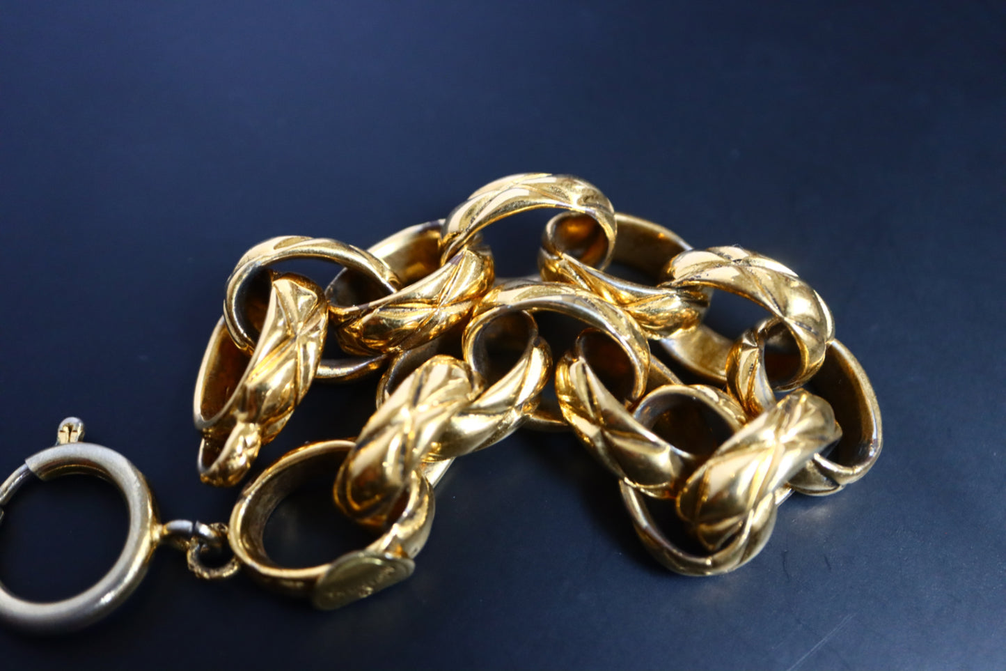 Vintage 1970s Chanel quilted gold tone chain bracelet