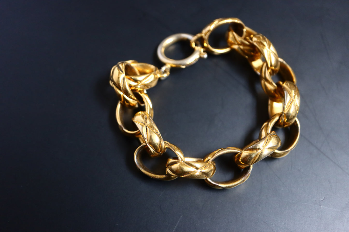 Vintage 1970s Chanel quilted gold tone chain bracelet