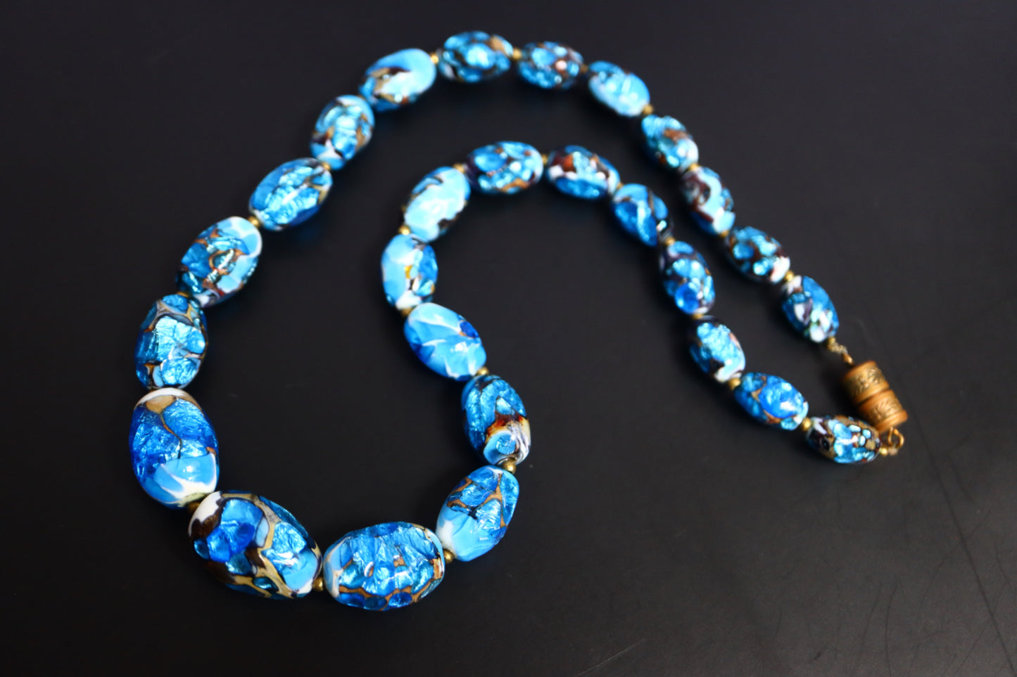 Vintage foiled blue glass bead necklace and Limoges enamel clip-on earrings set