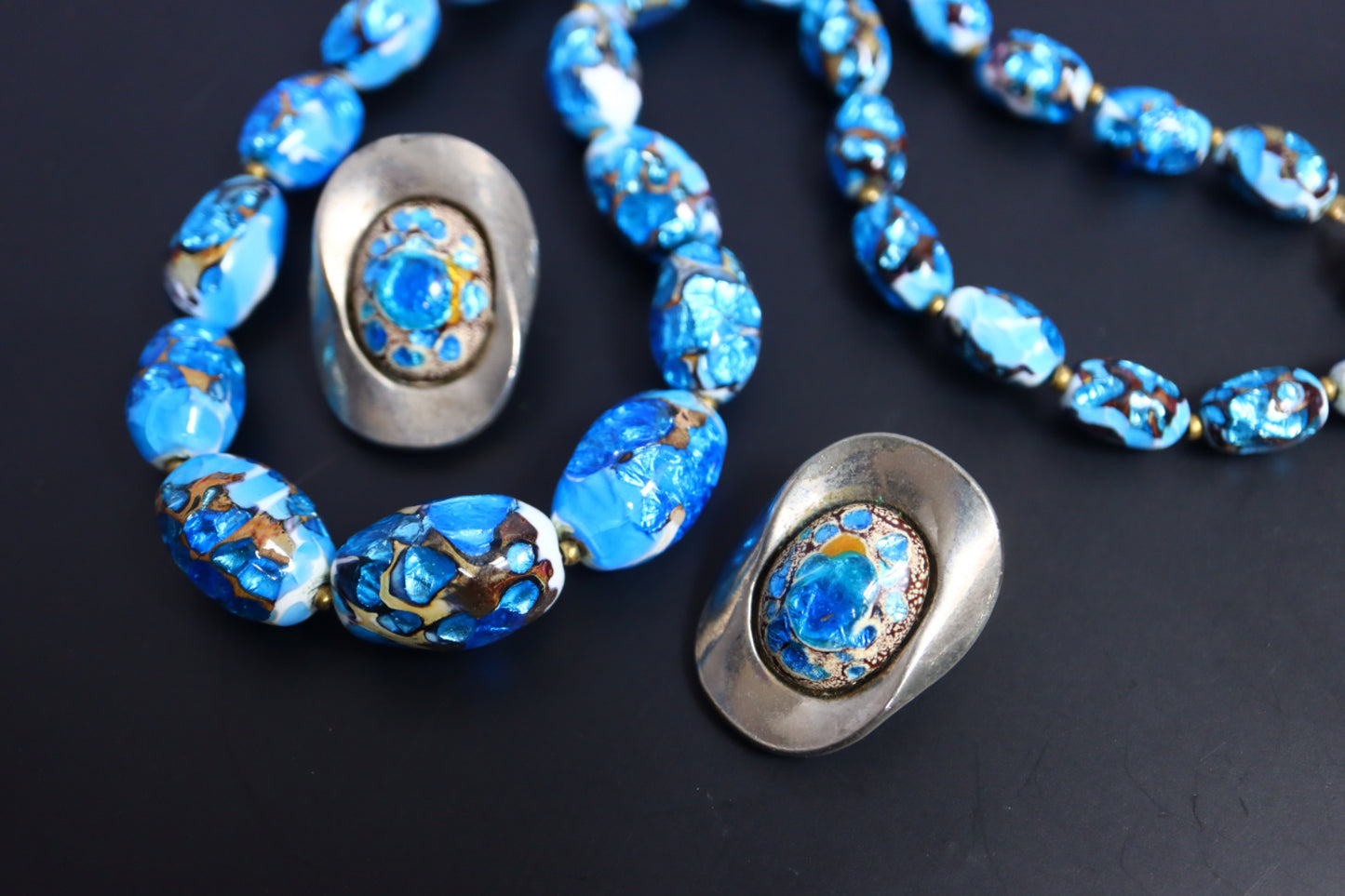 Vintage foiled blue glass bead necklace and Limoges enamel clip-on earrings set