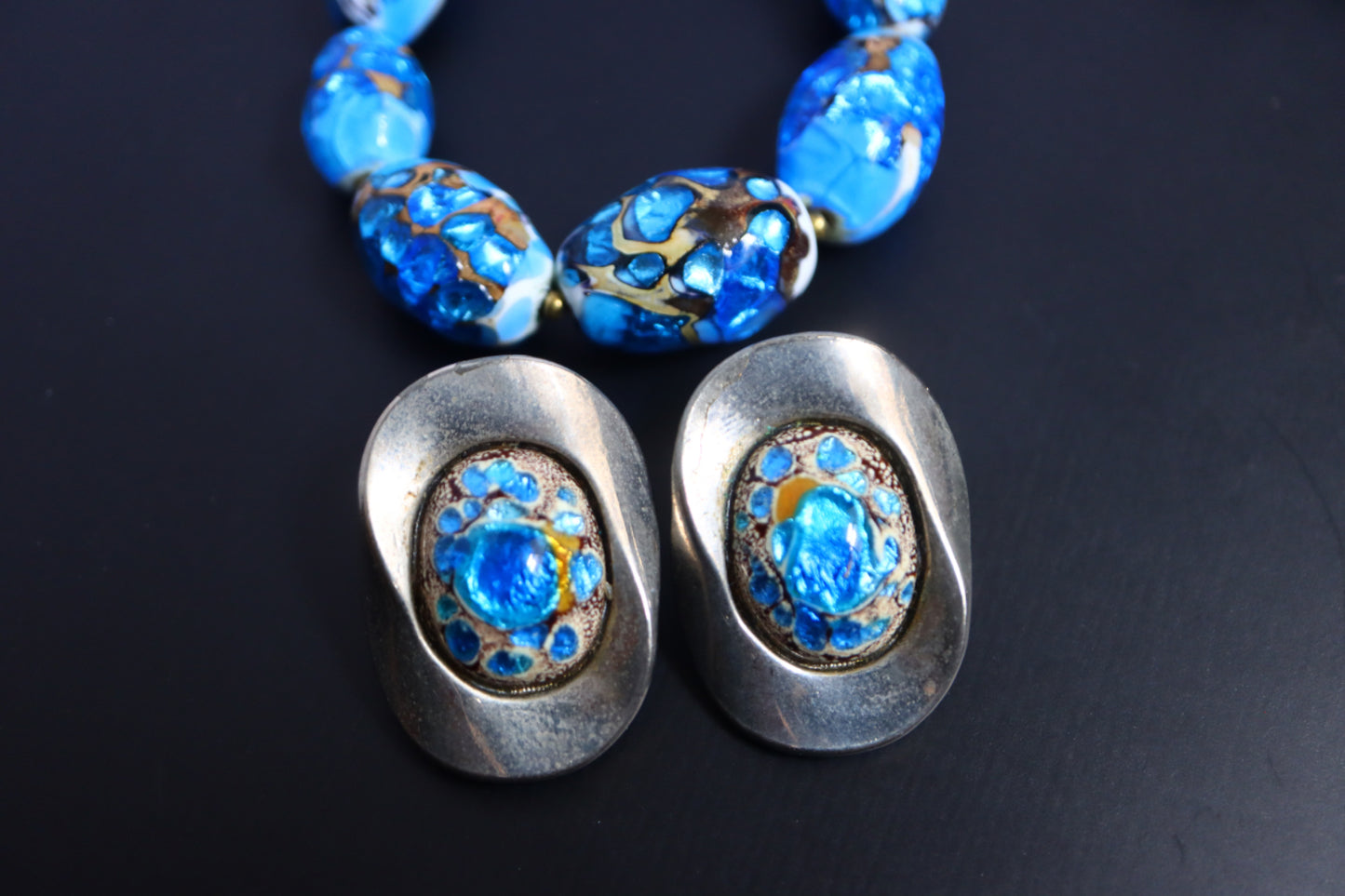 Vintage foiled blue glass bead necklace and Limoges enamel clip-on earrings set