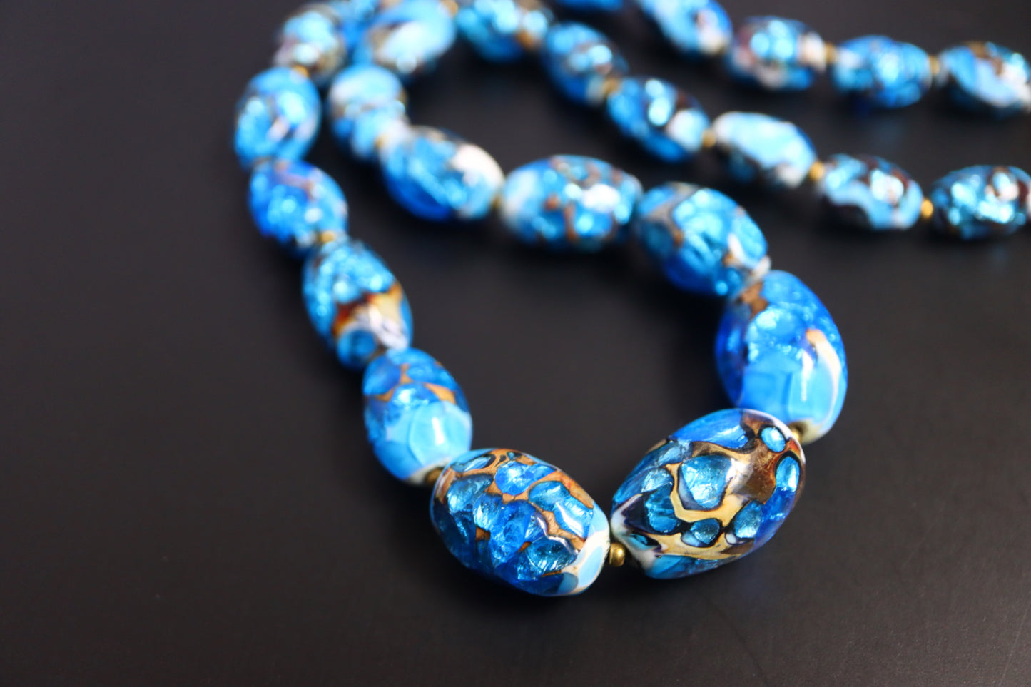 Vintage foiled blue glass bead necklace and Limoges enamel clip-on earrings set