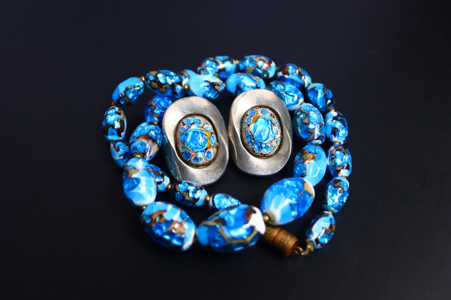 Vintage foiled blue glass bead necklace and Limoges enamel clip-on earrings set