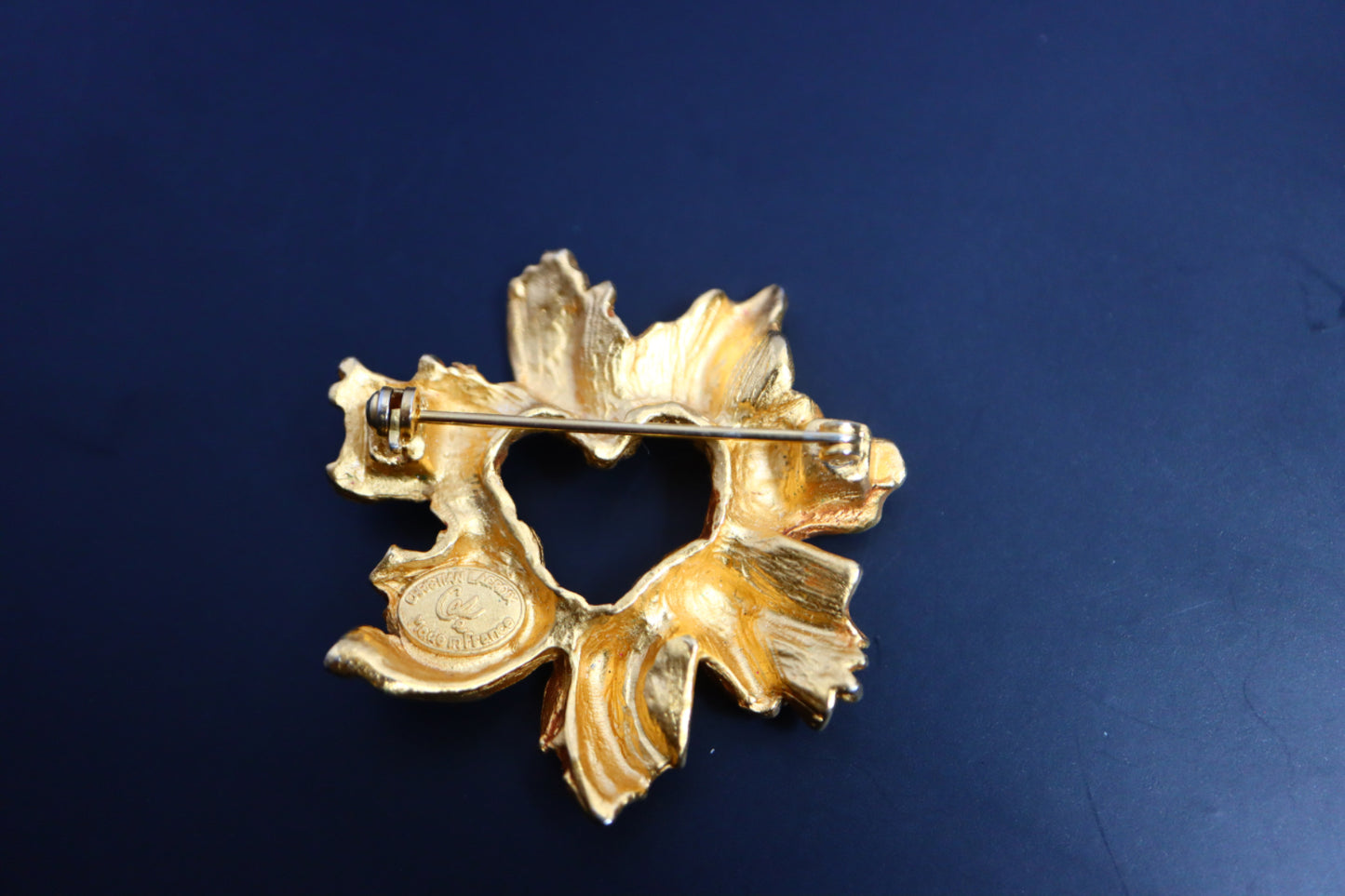 Vintage Christian Lacroix Leaf heart gold tone brooch