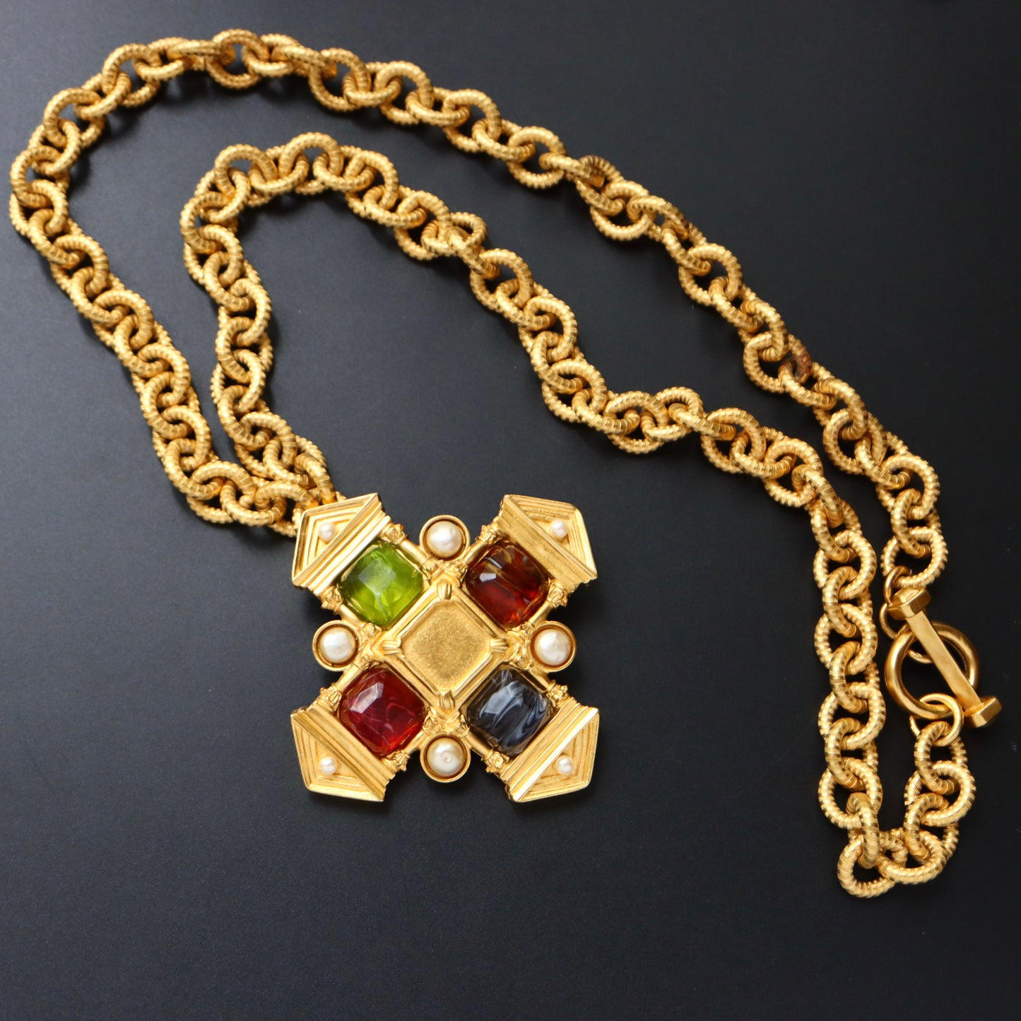 Vintage Karl Lagerfeld Glass Cabochon Greek Temple Door necklace brooch