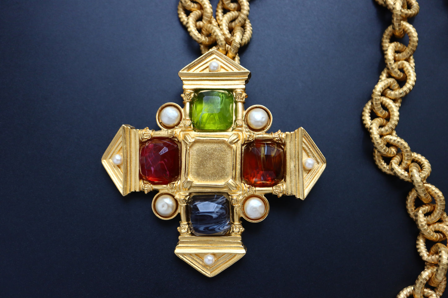 Vintage Karl Lagerfeld Glass Cabochon Greek Temple Door necklace brooch