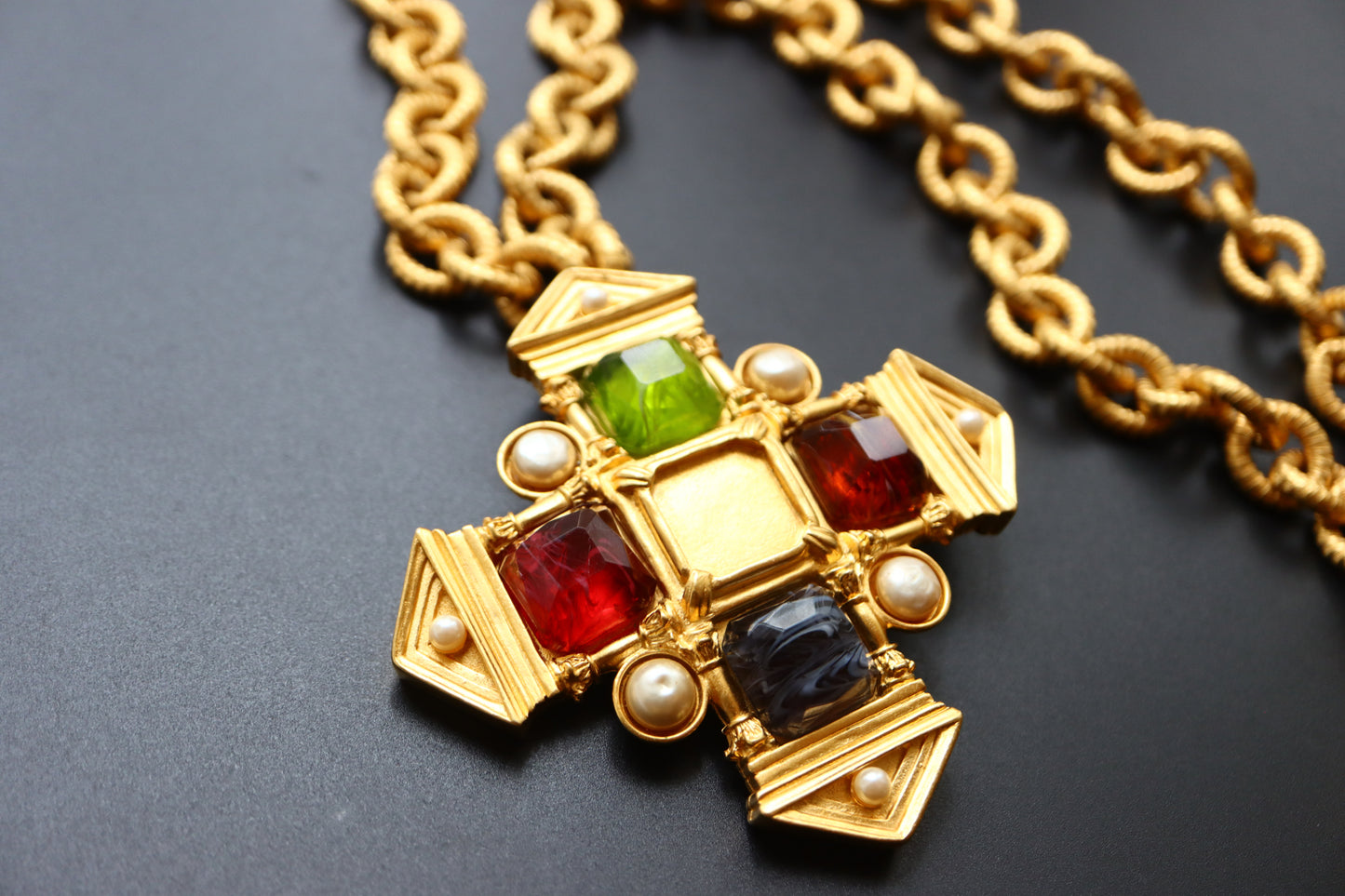 Vintage Karl Lagerfeld Glass Cabochon Greek Temple Door necklace brooch