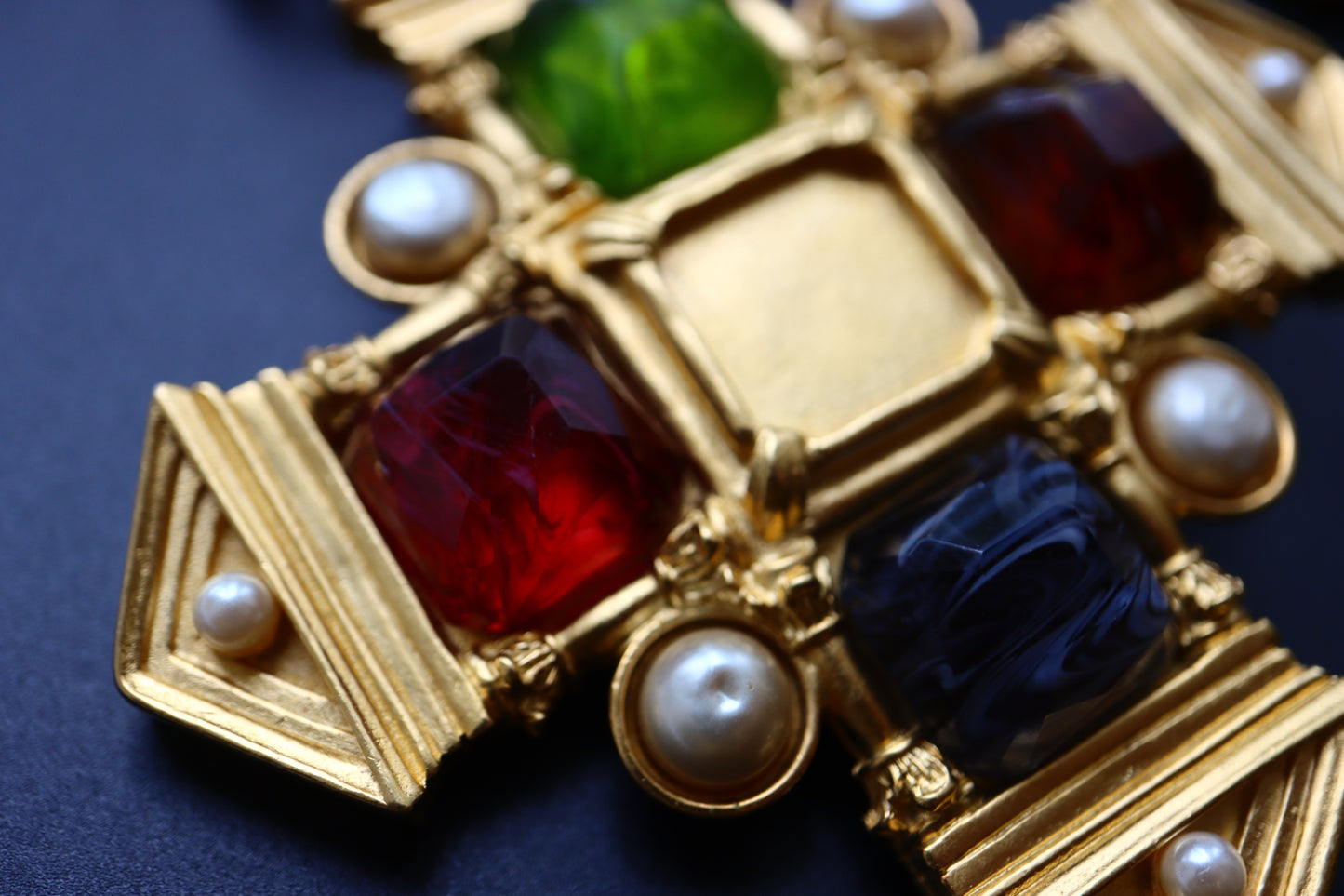 Vintage Karl Lagerfeld Glass Cabochon Greek Temple Door necklace brooch