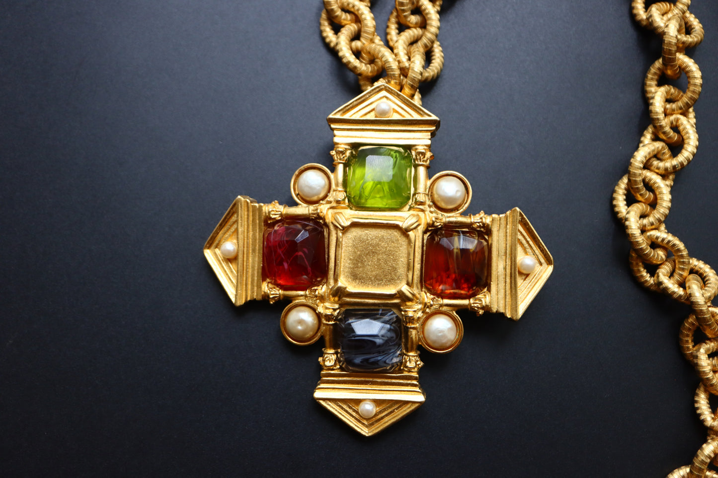 Vintage Karl Lagerfeld Glass Cabochon Greek Temple Door necklace brooch