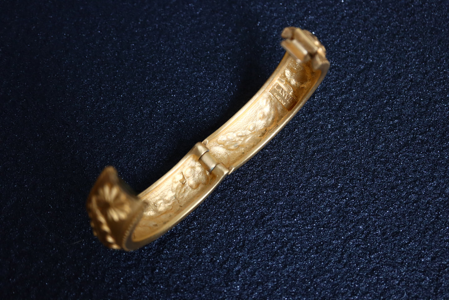 Vintage Lanvin gold-tone carving Logo leaf perfume cuff bracelet
