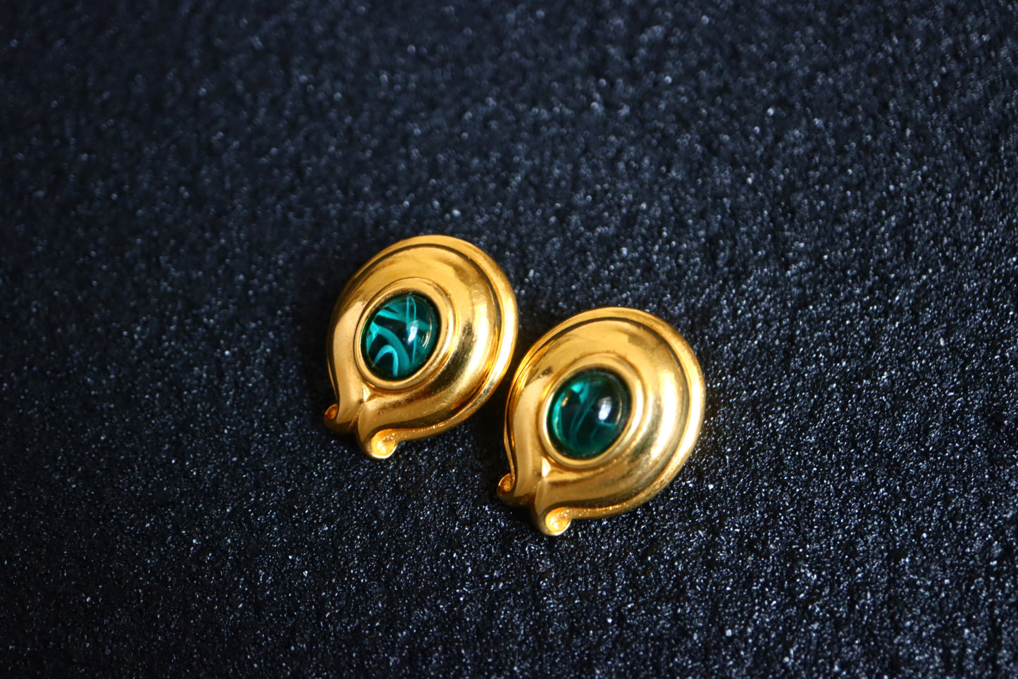 Vintage Fendi gold-tone tulip shape green glass cabochon clip-on earrings